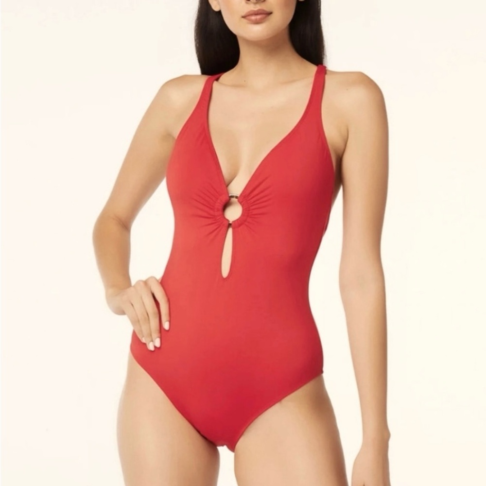 Bleu Rod Beattie Red One-Piece Swimsuit with Plunging V-Neck